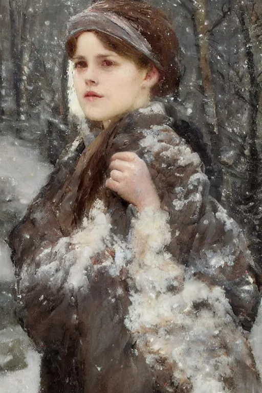 Image similar to Richard Schmid and Jeremy Lipking full length portrait painting of a young beautiful edwardian girl hold a victorian fur handwarmer standing in the snow