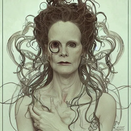 Image similar to beautiful lifelike award winning pencil illustration of scary vivienne westwood as an eldritch horror lovecraftian trending on art station artgerm greg rutkowski alphonse mucha museum quality cinematic atmospheric