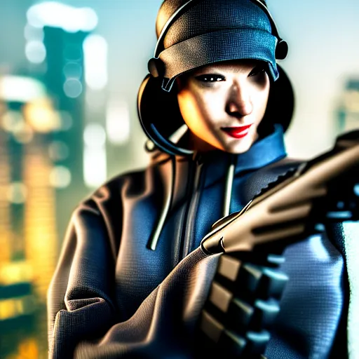 Image similar to photographic portrait of a techwear woman holding a shotgun, closeup, on the rooftop of a futuristic city at night, sigma 85mm f/1.4, 4k, depth of field, high resolution, 4k, 8k, hd, full color