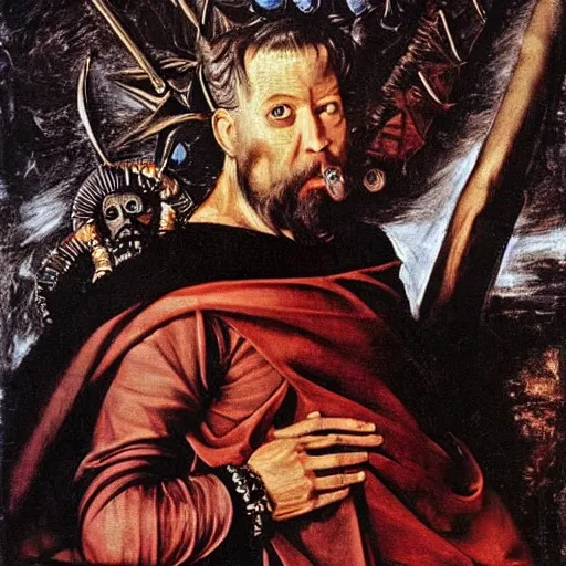 Image similar to george clooney as an evil god of darkness, made by caravaggio, peter paul rubens, diego velazquez, rossdraws, jan van eyck, max ernst, ernst haeckel, ernst fuchs