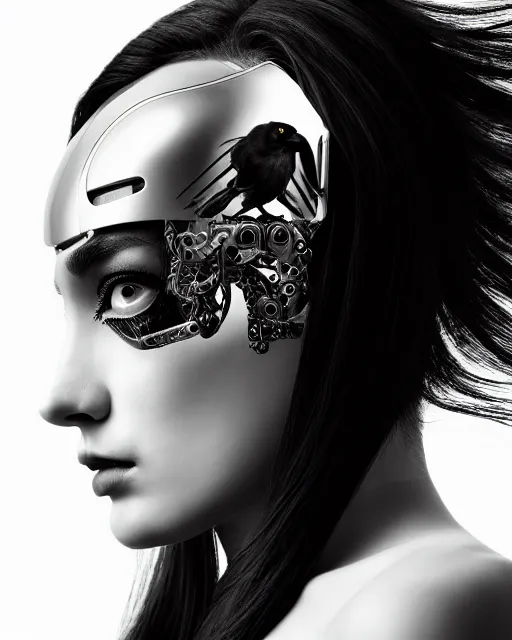 Image similar to a profile portrait, a stunning young woman - cyborg with a mutant crow head, editorial photography, bw, shot on 7 0 mm, depth of field, f / 2. 8, high contrast, 1 6 k, volumetric lighting, shiny, insanely detailed and intricate, hypermaximalist, elegant, ornate, hyper realistic, super detailed