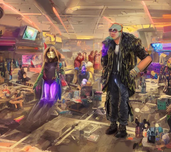 Image similar to high - resolution photograph from a cyberpunk era furry fandom convention ( midwest furfest 2 0 4 7 ), taking place after the genetic revolution and quantum singularity. photorealistic.