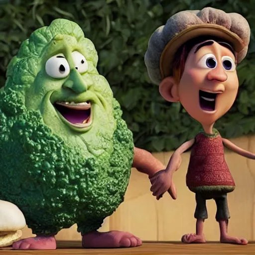 Prompt: cabbages character and king cooking pizza in a wood fired oven, highly detailed 3 d render, funny, pixar