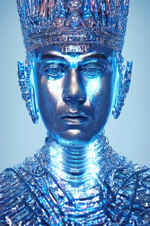 Prompt: hyper detailed ultra sharp portrait of baroque and bladerunner delicate neon diamond sculpture of seductive albino pharaoh zayn malik, diamond blue sphinx iridescent humanoid deity wearing metallic hoody made out of hands holding the sun prismatic dungeon, glowing blue face, crown of white diamonds, cinematic lighting, photorealistic, octane render 8 k depth of field 3 d