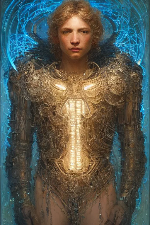 Image similar to portrait of an angelic male with intricate body armor made of bioluminescence wires by gaston bussiere, joe fenton and anato finnstark, arstation and beeple highly, feathers, shimmer detailed, cinematic lighting, octane render, unreal engine lumen, very coherent. cinematic, hyperrealism, high detail, octane render, 8 k