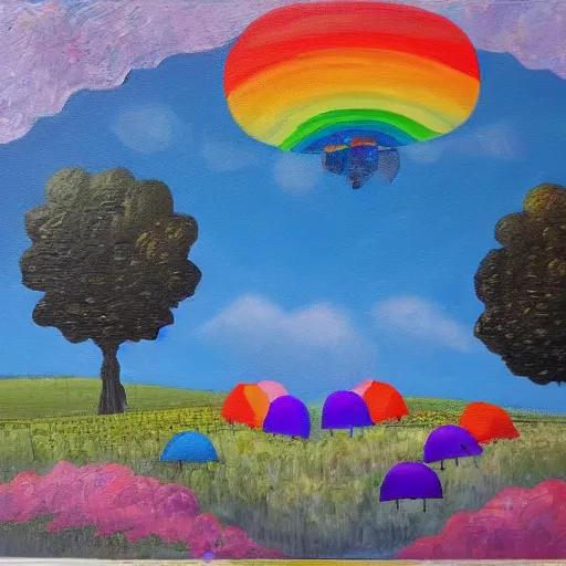 Image similar to buffalos grazing a field of umbrellas with a waterfall and a rainbow in the background, oil on canvas