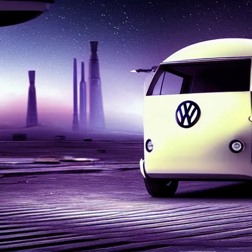 Image similar to Futuristic VW W16 in a Russian cyberpunk slum city called Neo Norilsk on the Moon, at night, diverse, lively, black sky full of stars, blinding sun, sci-fi, lots of flying cars, levitation, cyberpunk outfits, photorealistic, grainy, 35mm, intricate, very very beautiful, elegant, smooth, cinematic, Unreal Engine 5, by Beeple, trending on Artstation HD