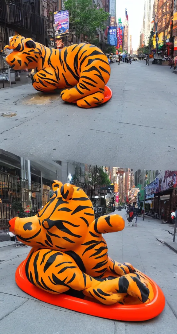 Prompt: a plastic ride kiddie ride that looks like a tiger on the sidewalk in NYC