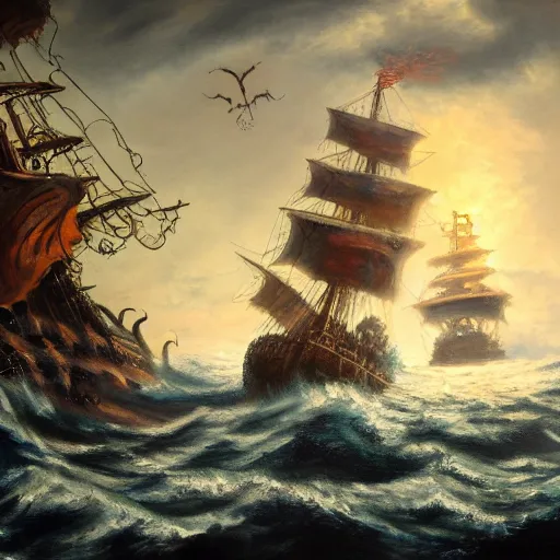 Image similar to oil painting of a kraken attacking a pirate ship, wallpaper, 4k