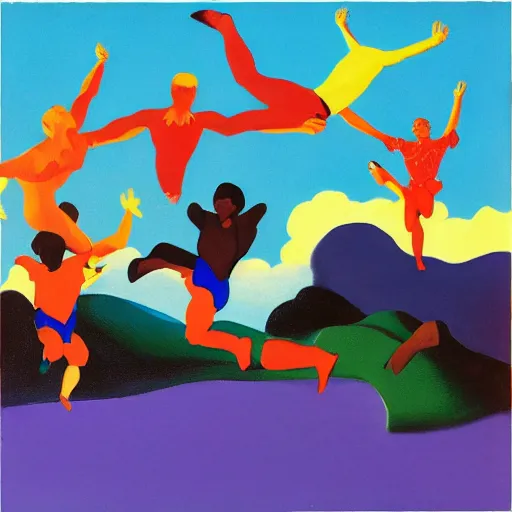 Image similar to a group of people flying through the air, an album cover by Robert Colescott, tumblr contest winner, sots art, glitchy, wallpaper, 2d