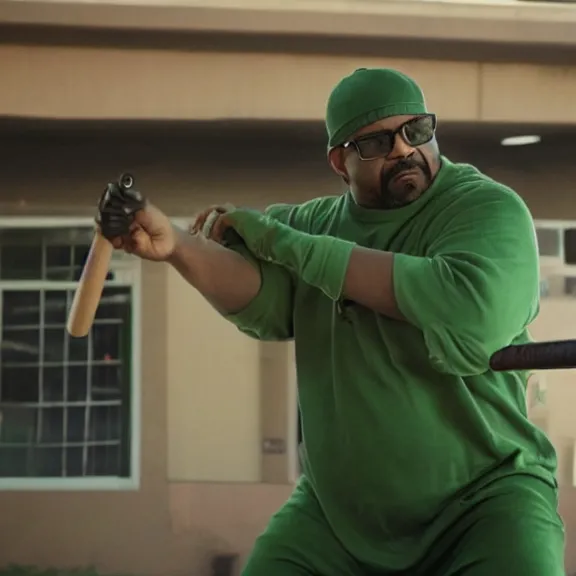 Image similar to Still of Big Smoke with green clothing wielding a baseball bat in Better Call Saul
