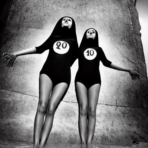 Image similar to black and white, award winning photo, levitating twin nuns, wearing swimsuit, the nuns have Very long arms, in a sanctuary, eerie, frightening —width 1024 —height 1024