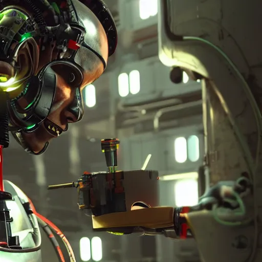 Prompt: a close up shot of a robot repairing in factory,cyberpunk,2077 -n 9 -i