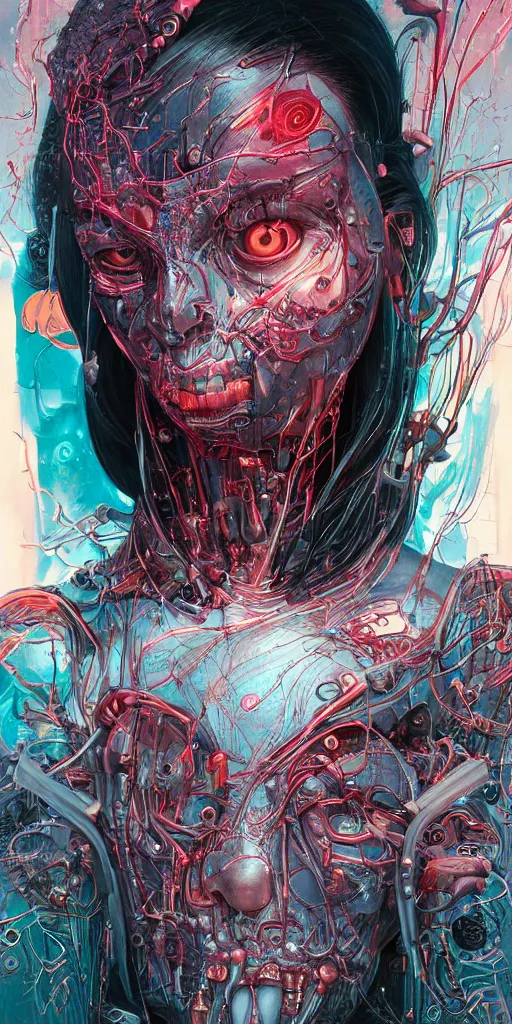 Image similar to portrait of computer & circuits, melting, demon queen, 8 k, by tristan eaton, stanley artgermm, tom bagshaw, greg rutkowski, carne griffiths, ayami kojima, beksinski, giger, trending on deviantart, face enhance, hyper detailed, minimalist, cybernetic, android, blade runner, full of colour, super detailed