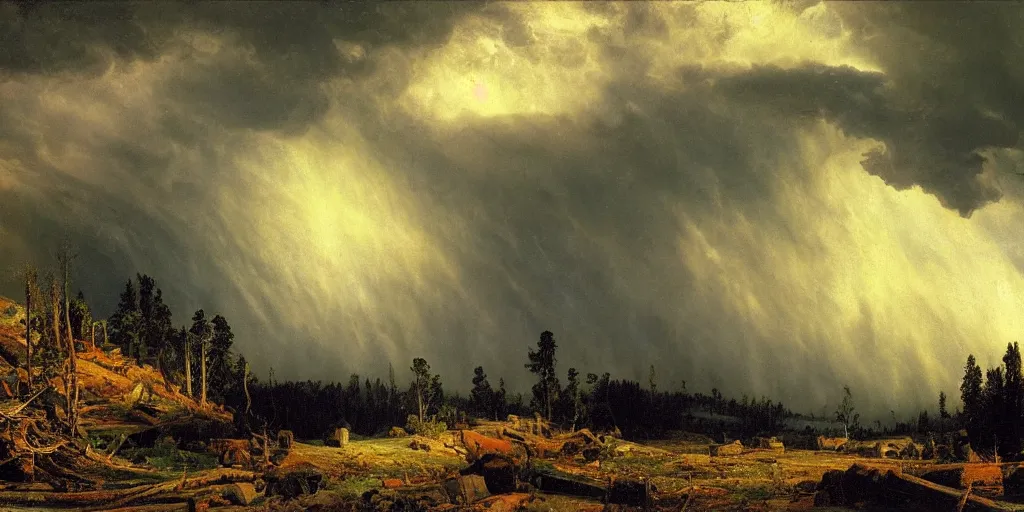 Image similar to an immense storm fills the sky, the ground shatters cataclysmicly, Ivan Shishkin and John Martin