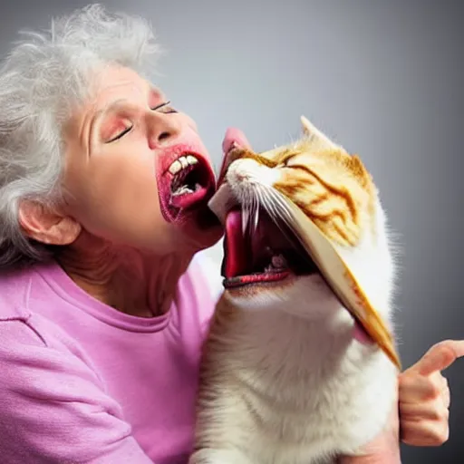 Image similar to an old woman opening her mouth wide and swallowing a cat