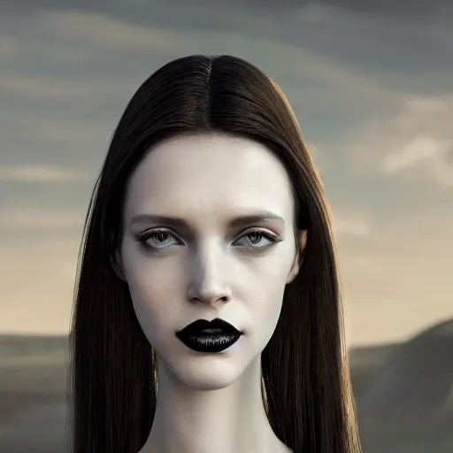 Image similar to A young beautiful female angelic-extraterrestrial-cyborg face with a very long neck, big detailed luminous eyes, thin nose, big lips, hair floating in the wind, Realistic, Refined, Digital Art, Pre-Raphaelite, Highly Detailed, Cinematic Lighting, rim light, dramatic, contrasted black and white, photo-realistic Unreal Engine, 8K