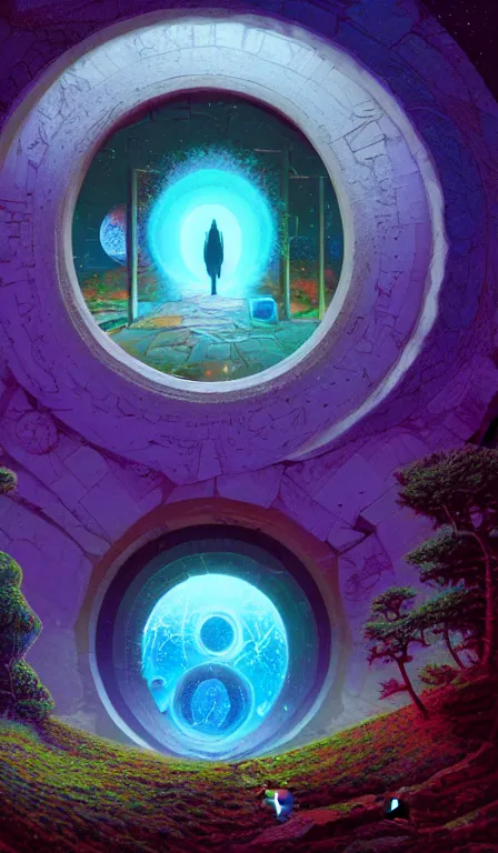 Prompt: Keyhole, Ultima Moongate, Wonderland Portal, mixed media, digitally painted by Beeple, Kilian Eng and Thomas Kinkade, centered, uncropped