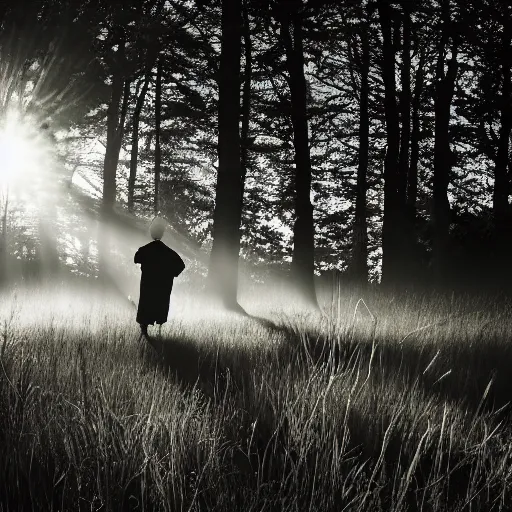 Prompt: old prophet wandering about a meadow. silhouetted. harsh sunlight. radiant glow. backlighting.