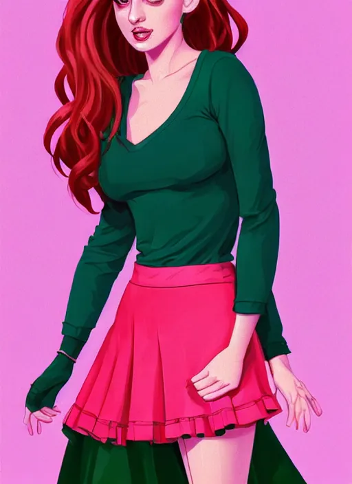 Image similar to full body portrait of teenage cheryl blossom, bangs, green eyes, sultry expression, red hair, sultry smirk, bangs and wavy hair, pink skirt, bangs, intricate, elegant, glowing lights, highly detailed, digital painting, artstation, concept art, smooth, sharp focus, illustration, art by wlop, mars ravelo and greg rutkowski