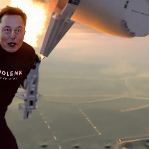 Image similar to Elon Musk holding on to a rocket as it takes off from the launching pad, he is screaming,