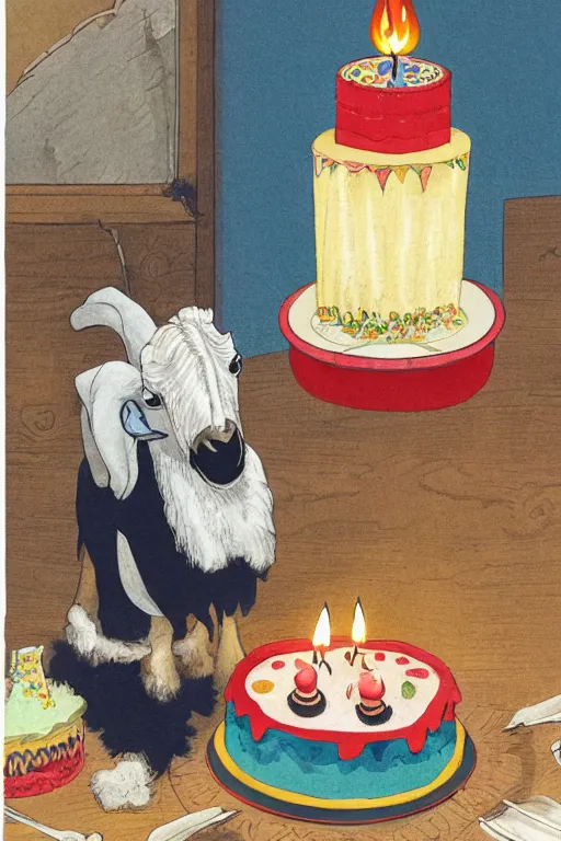 Prompt: a goat with a white beard, sitting in front of a birthday cake with many lit candles, children's book illustration by ben von strawn, highly detailed