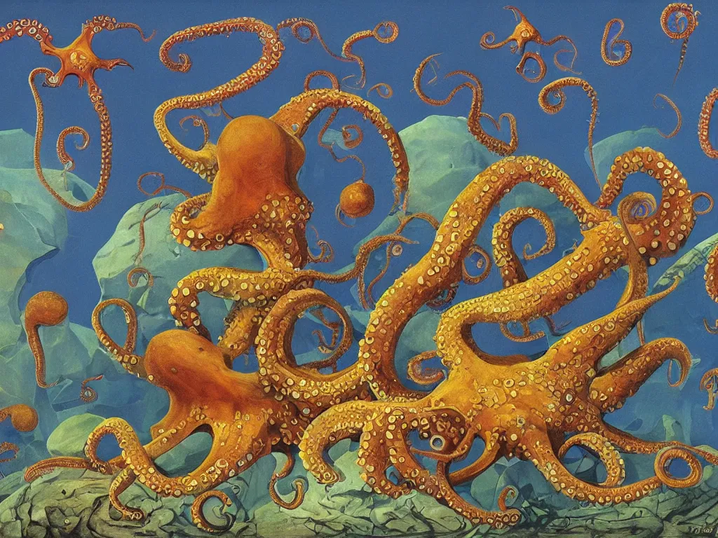 Image similar to The world as seen by an octopus. Painting by Roger Dean, Bosch.