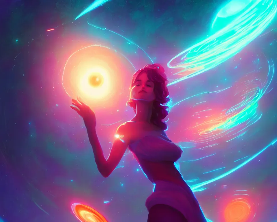 Image similar to a beautiful whimsical woman standing under a multi-colored binary blackhole with an accretion disc, casting magic, glowing trails following her arms, digital art, by Lois van Baarle, by Greg Rutkowski, by artgerm, by beeple, cinematic angle, volumetric lighting, 4k resolution, octane render, trending on artstation, masterpiece