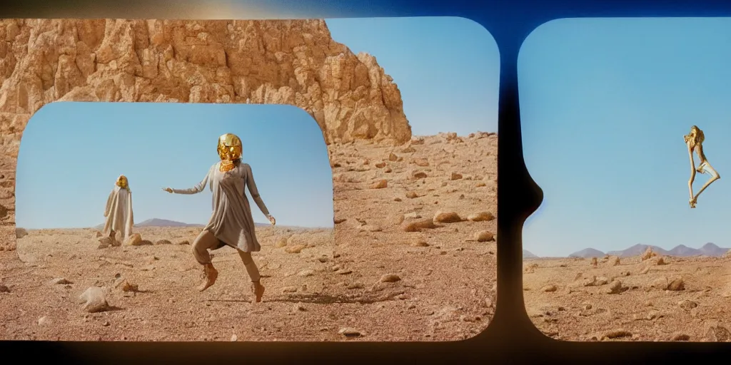 Image similar to levitating woman with full - face golden mask in a dry rocky desert landscape, visible sky and sunny atmosphere, fata morgana and giant mirrors by alejandro jodorowsky, anamorphic lens, kodakchrome, practical effects, masterpiece, 8 k