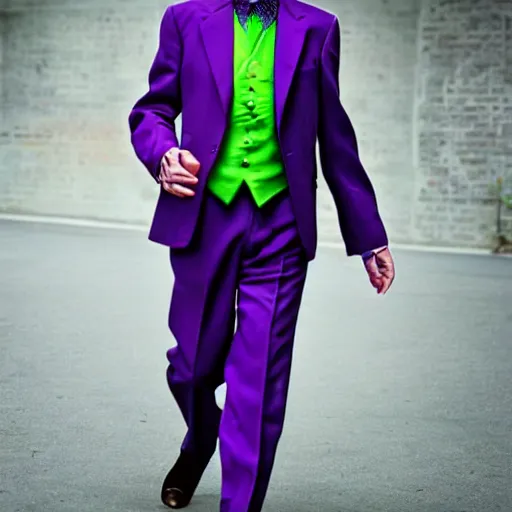 Prompt: william dafoe wearing purple suit and joker makeup cinematic photoshoot high quality highly affordable photo realistic 8 k hd