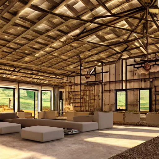 Prompt: interior view of modern futuristic farm barn architecture and interior design, lounge chairs, sofas, cows, chickens, pigs, wall art, detailed luminescent oil painting 4 k