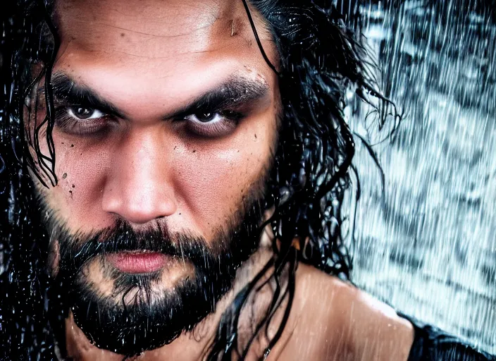 Image similar to closeup portrait of emo vampire goth jason momoa standing in the rain in a dark cyberpunk city, heavy make - up running down face, neon reflections in the puddles, portra 4 0 0 candid photograph portrait by annie leibovitz, 3 5 mm macro shot, f / 3 2, hyperrealistic, cinematic lighting, hd wallpaper, 8 k, 4 k