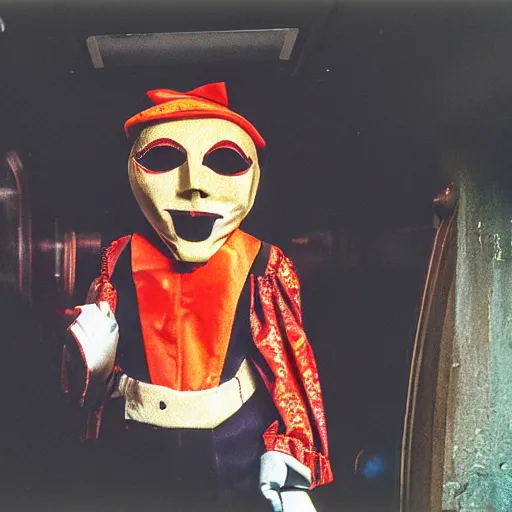 Prompt: fujifilm superia photo of puppet with scary venetian mask, in the empty london underground, dirty, grainy, liminal