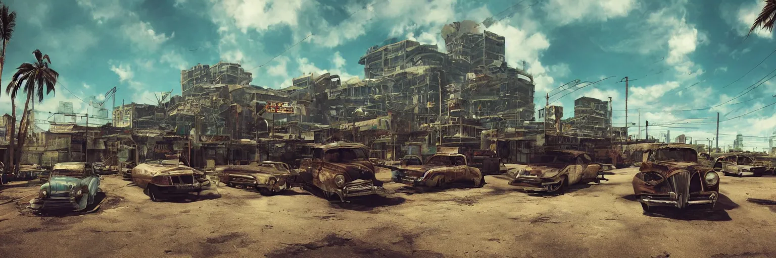 Image similar to fallout 5 : miami, outdoors ruined tropical city, rusted retro futuristic vintage styled parked vehicles like cars, buses, trucks, atmospheric lighting, painted, intricate, volumetric lighting, summer, sunny weather, few clouds, sharp focus, deep colours, ultra detailed, by leesha hannigan, ross tran, thierry doizon, kai carpenter, ignacio fernandez rios