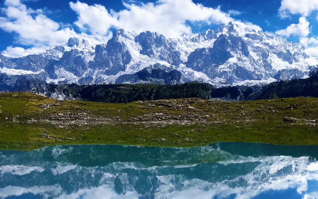 Image similar to the alps and reflection in a lake in the style of georgia o keefe