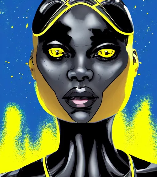 Prompt: a digital painting of a black female android with futuristic hair and yellow make-up, a comic book panel by Craig Thompson, behance contest winner, afrofuturism, marvel comics, official art, artstation hq