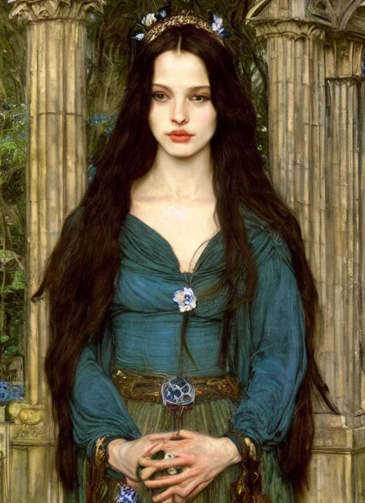 Image similar to a beautiful painting of arwen undomiel by John Everett Millais and Dante Gabriel Rossetti and John Collier and john william waterhouse, pre-raphaelite, detailed, trending on artstation, hd, masterpiece