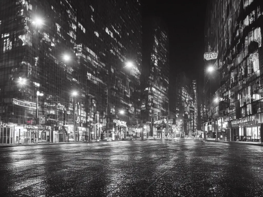 Prompt: an empty street in a rainy night, the new china world hotel across the street, film quality.