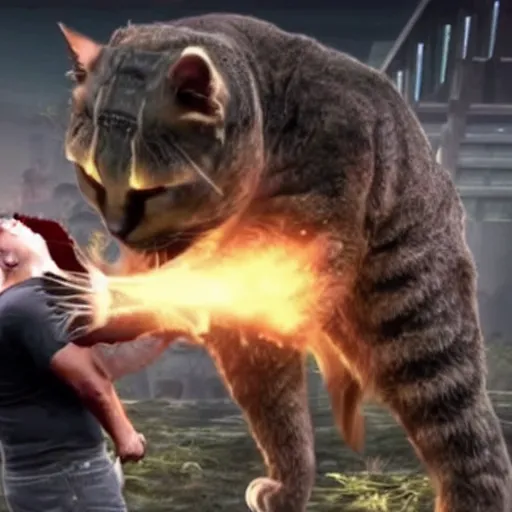 Image similar to elon musk fights a giant cat in mortal kombat