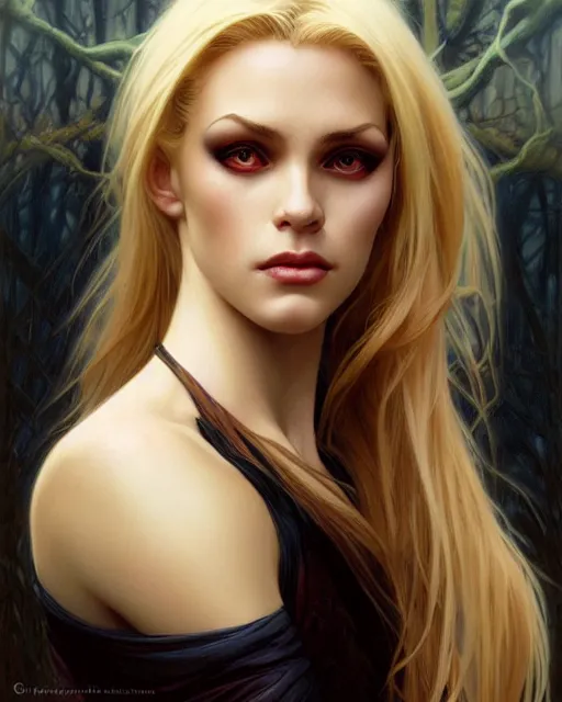 Image similar to portrait of a blonde vampire, dark, piercing eyes, gentle expression, elegant clothing, photorealistic, highly detailed, artstation, smooth, sharp focus, art by michael whelan, artgerm, greg rutkowski and alphonse mucha