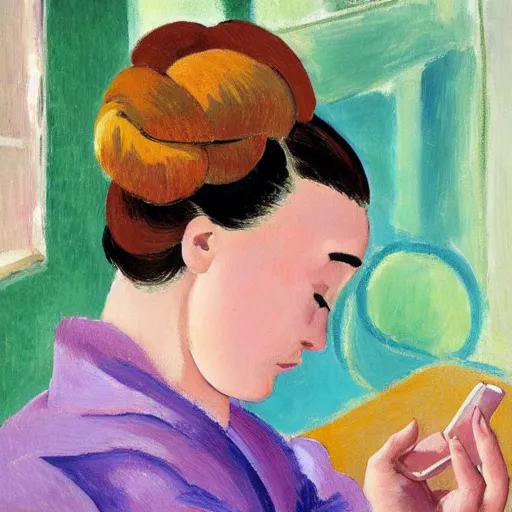 Image similar to early morning. a young woman wearing a cozy hoodie, with double buns hairstyle is texting on her smartphone. sunlight is entering through the window and beautifully lighting the face. depth of field, backlit, closeup, oil on canvas, art by henri matisse 1 9 4 4, in the style of dance by henri marisse, 1 9 1 0, smooth, fauvism, 2 k