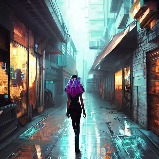 Prompt: a girl walking in cyberpunk street, artstation, professional, very detail