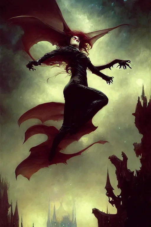 Prompt: evil female vampire jumping, highly detailed, realistic style. night sky with bats. by raymond swanland, gaston bussiere, simon bisley, anna podedworna, ayami kojima, greg rutkowski, maxim verehin