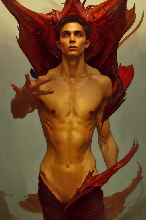 Image similar to full figure beautiful young fit antrophomorphic male dragon, frontal view, no wings, luminous scene, by greg rutkowski and alphonse mucha, d & d character, gradient yellow to red, in hell, highly detailed portrait, digital painting, artstation, concept art, smooth, sharp focus illustration, artstation hq