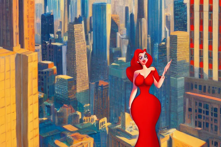 Prompt: Jessica Rabbit looking at the city. Cinematic. Intricately detailed acrylic painting