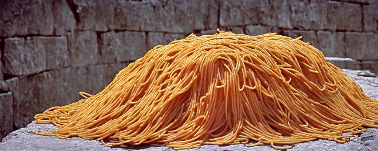 Image similar to pile of spaghetti at the great wall of china, fine detail, canon 5 0 mm, in the style of galen rowell, kodachrome,