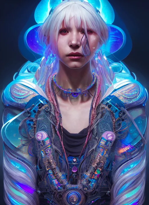 Prompt: hyper detailed ultra sharp of a beautiful shaman trance girl. trending on artstation, cyberpunk aesthetic, psywave, colorful, psychedelic, ornate, intricate, digital painting, concept art, smooth, sharp focus, illustration, art by artgerm and greg rutkowski and alphonse mucha, 8 k