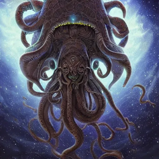 Image similar to cosmic cthulhu in space, by lovecraft, details face, detailed body, realistic body proportions, unreal engine, by popular digital artist, digital, artstation, detailed body, heavenly atmosphere, digital art, overdetailed art, trending on artstation, cgstudio, the most beautiful image ever created, dramatic, award winning artwork, beautiful scenery