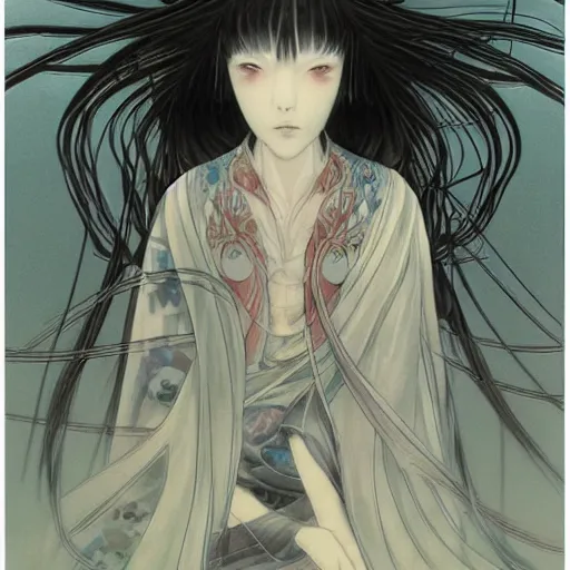 Image similar to yoshitaka amano blurred and dreamy realistic illustration of a japanese woman in anime style with black eyes, wavy white hair fluttering in the wind wearing elden ring armor with engraving, abstract patterns in the background, satoshi kon anime, noisy film grain effect, highly detailed, renaissance oil painting, weird portrait angle, blurred lost edges, three quarter view