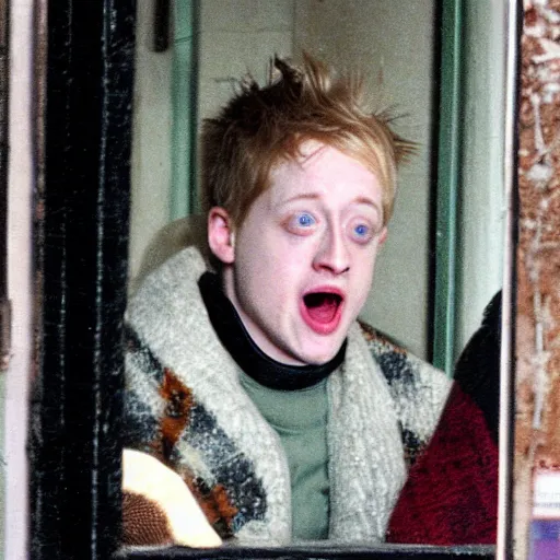 Image similar to macaulay culkin as a miserable shoe in winter